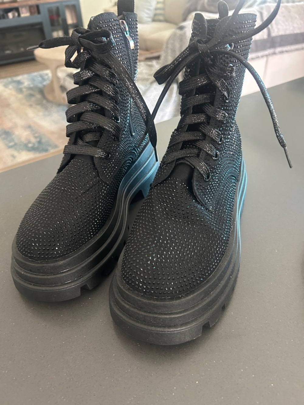 Women’s Black Platform Lace-Up Glitter Combat Boots